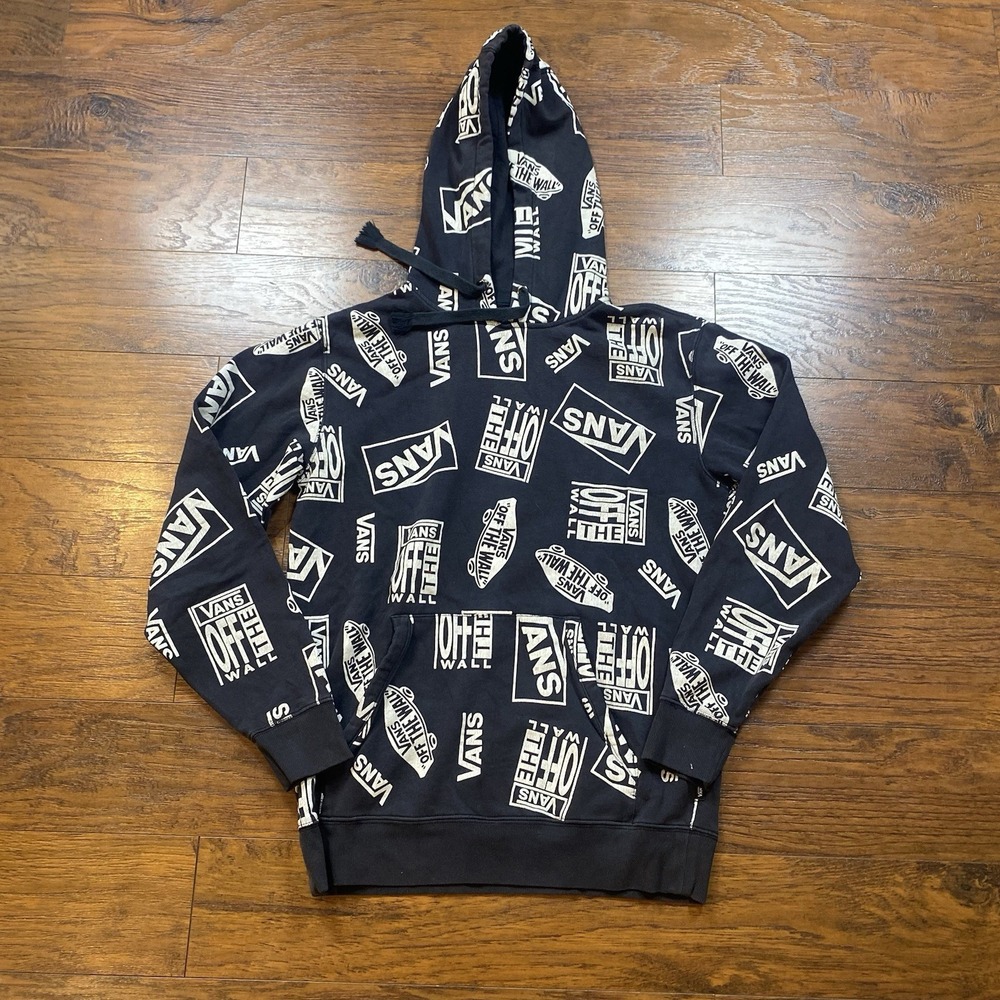 Vans Off The Wall All Over Print Logo Hoodie Mens Small Black White Skater